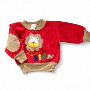 Sears Lion Baby Sweatshirt 6-9M Red Retro Applique Animal Sweater